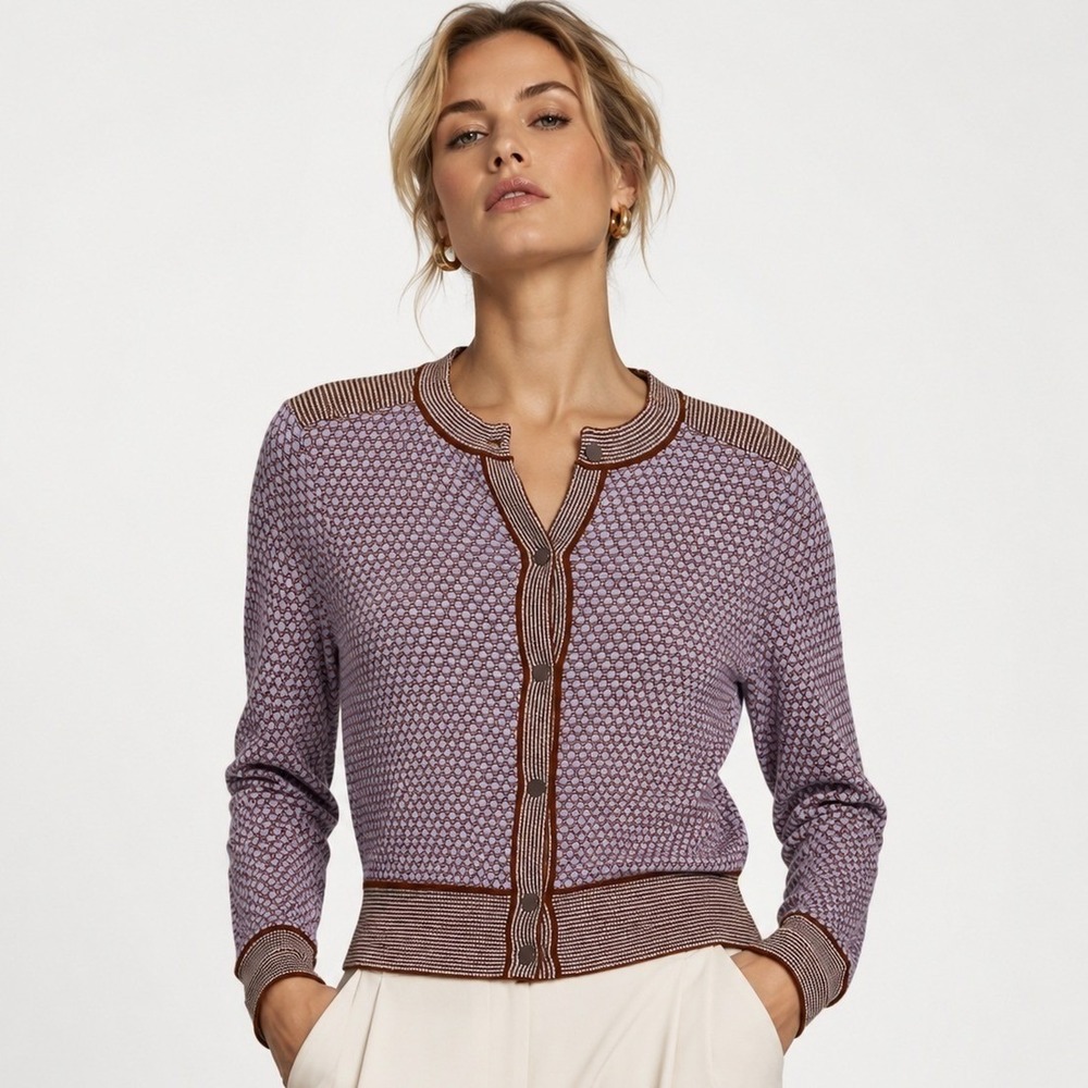 Soaked In Luxury Lorraine Cardigan Lavender Brown Bubble Knit Cotton Sweater S